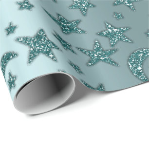Papel De Presente Noite Sparkly do brilho do Aqua da cerceta da lua
