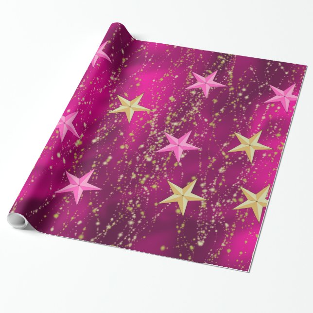 Papel De Presente Noites árabes, estrelas magenta e Douradas (Desenrolado)