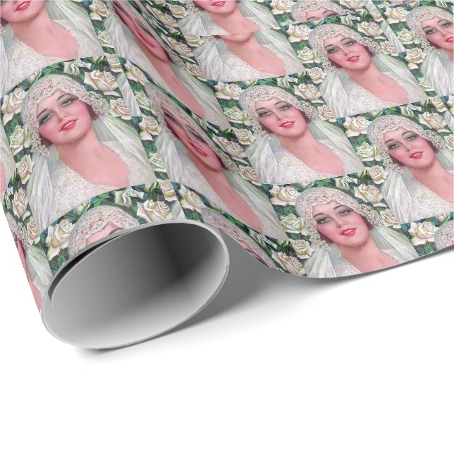 Papel De Presente Noiva Art Déco Vintage & Rosas Brancas Elegantes  (Ponta do rolo)
