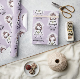 Papel De Presente Noiva Boneca Palito com Texto Nupcial em Roxo