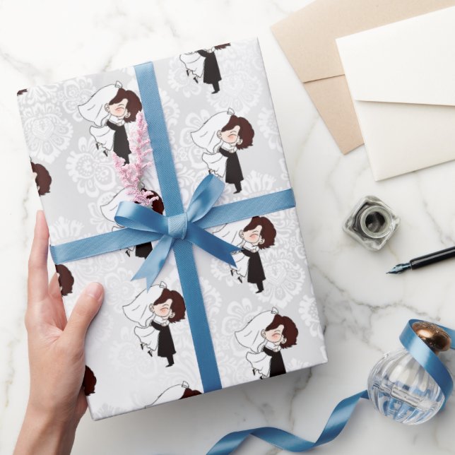 Papel De Presente Noiva e noiva no Damasco Branco (Presentear)