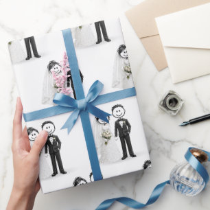 Papel De Presente Noiva e Noivo em Desenho Simples de Casamento