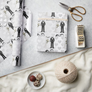 Papel De Presente Noiva e Noivo em Figuras de Palito em Corações