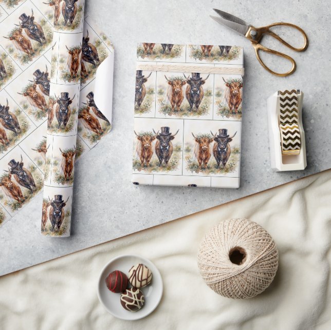 Papel De Presente Noiva e Noivo Vacas das Terras Altas de Casamento (Artesanato)