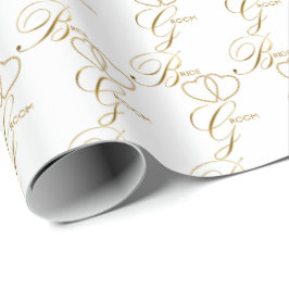 Papel De Presente Noiva manuscrita e Corações Dourados do Groom
