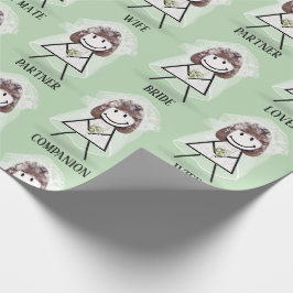 Papel De Presente Noiva Menina Palito com Texto Nupcial em Verde