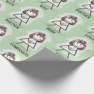 Papel De Presente Noiva Menina Palito com Texto Nupcial em Verde