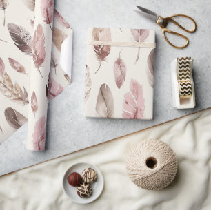 Papel De Presente Noivado de Penas Marrons Rosa