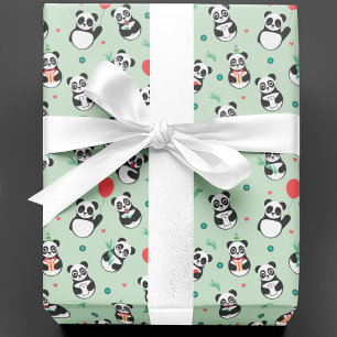 Papel De Presente Noivado do Padrão Panda Bonito   Verde
