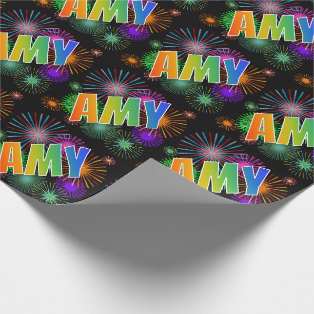 Papel De Presente Nome AMY em Arco-Íris + Fogos de Artifício (Ponta)