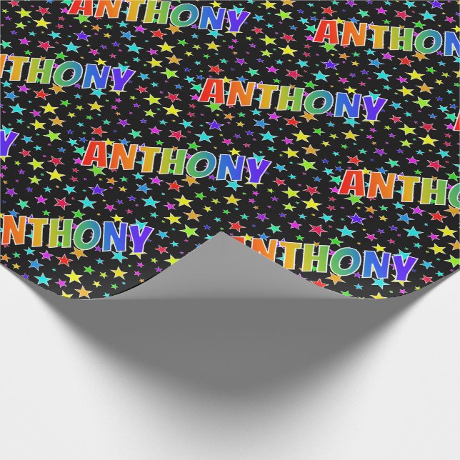 Papel De Presente Nome "ANTHONY" em Arco-Íris + Estrelas (Ponta)