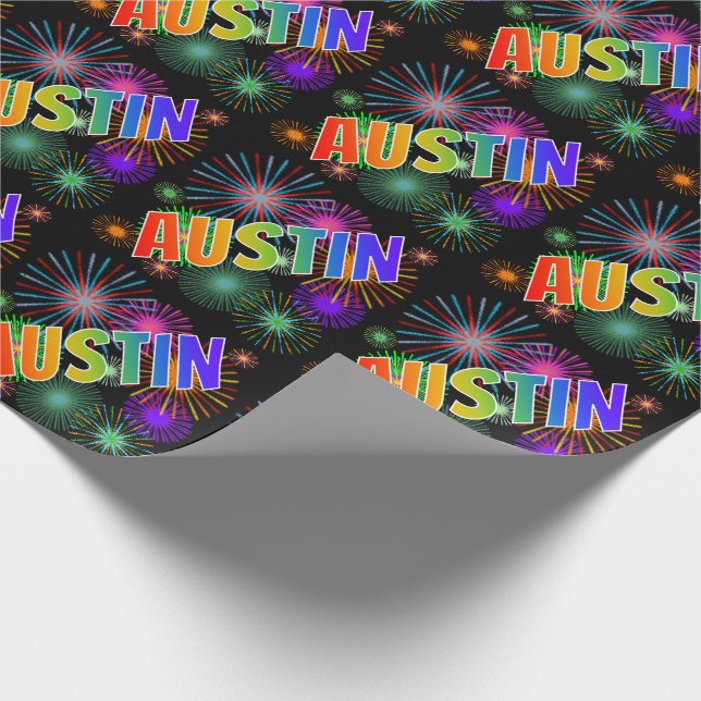 Papel De Presente Nome "AUSTIN" em Arco-Íris + Fogos de Artifício (Ponta)