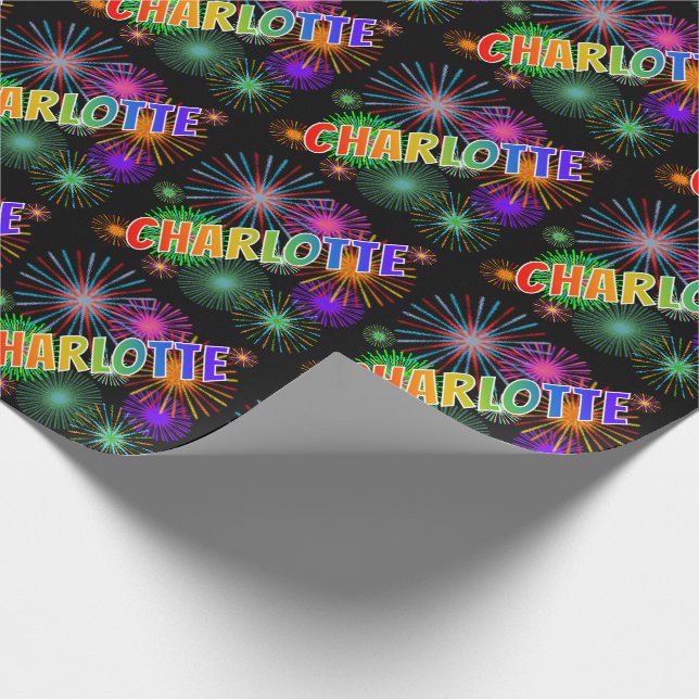Papel De Presente Nome "CHARLOTTE" em Arco-Íris + Fogos de Artifício (Ponta)