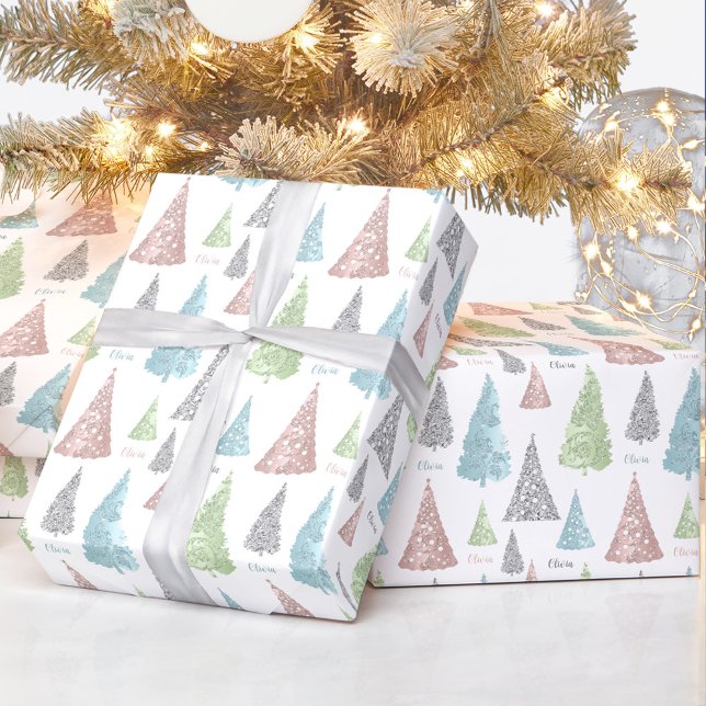 Papel De Presente Nome da Árvore de Natal do Pastel Elegante (Elegant Pastel Christmas Tree Name Wrapping Paper)