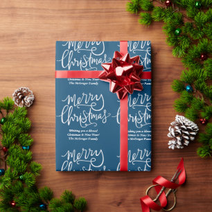 Papel De Presente Nome da Família Azul e Branca de Feliz Natal Perso