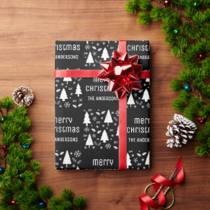 Papel De Presente Nome da Família Personalizado Natal Preto e Branco
