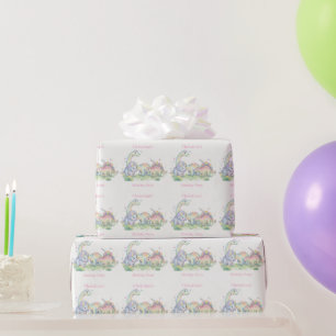 Papel De Presente Nome da Festa de Aniversário Dinossauro Aquarela P