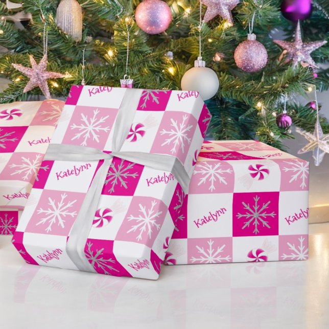 Papel De Presente Nome das Peppermintas Rosa Quente e Prateadas e Fl (Criador carregado)