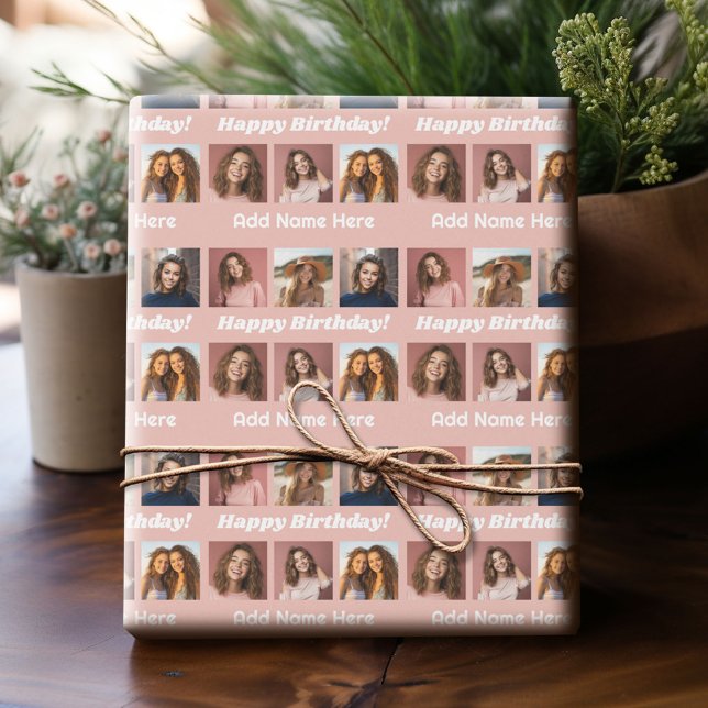 Papel De Presente Nome de Aniversário Feliz 6 Colagem de Fotos Quadr (Custom Photo Wrapping Paper)