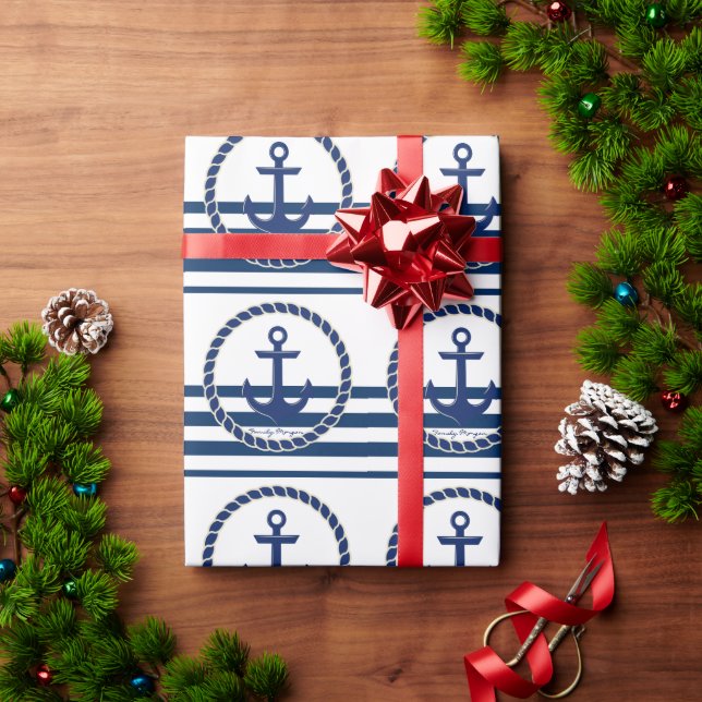 Papel De Presente Nome de Barco Náutico, Âncora Listras Azul-Marinho (Presente de Natal)