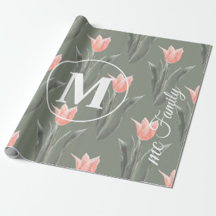 Papel De Presente Nome de Família Elegante Monograma Tulipas em Tons