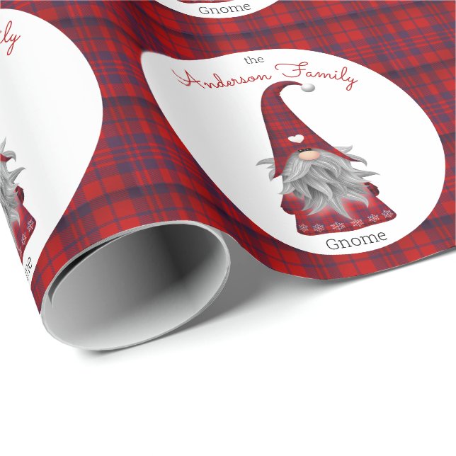 Papel De Presente Nome de Família Rústico Fofo Gnome de Natal (Ponta do rolo)