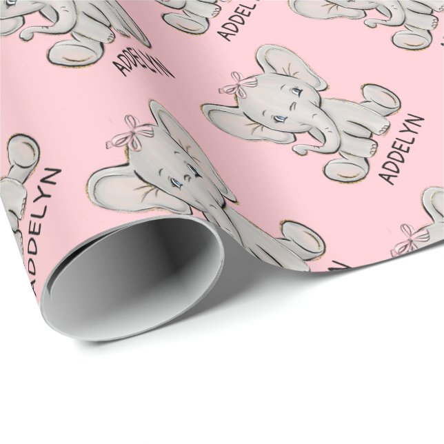 Papel De Presente Nome de linda menina cor-de-rosa do elefante do be (Ponta do rolo)