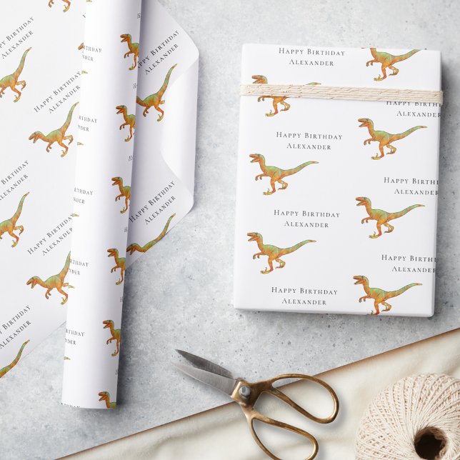 Papel De Presente Nome de Menino Personalizado Feliz Aniversário Din (Personalized boy name Dinosaur velociraptor happy birthday gift wrapping paper Jurassic dino raptor)