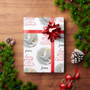 Papel De Presente Nome de Natal com Pombo Moderno em Dourado e Branc