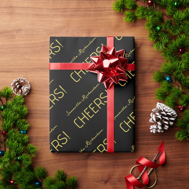 Papel De Presente Nome de Script Dourado Preto Elegante (Presente de Natal)