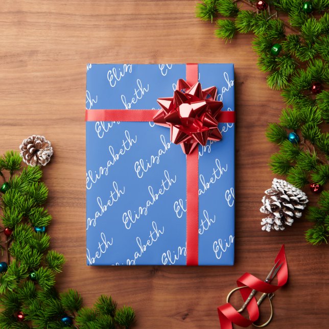 Papel De Presente Nome de Script Simples Personalizado Azul (Presente de Natal)