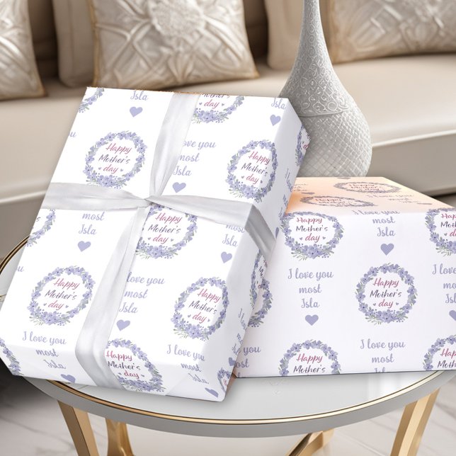 Papel De Presente Nome de Texto Personalizado do Dia de as mães Feli (Happy Mother's Day Personalized Text Name Floral Wrapping Paper)