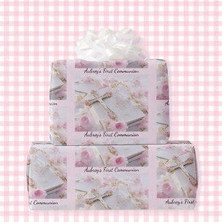 Papel De Presente Nome do Adicione de Garota Rosa de Primeira Comunh
