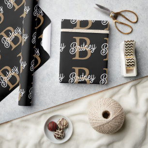 Papel De Presente Nome do Monograma Elegante Moderno Script Dourado