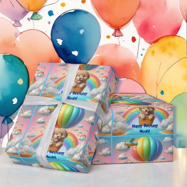Papel De Presente Nome do ouro Puppy Boy Birthday Balloon Rainbow (Criador carregado)