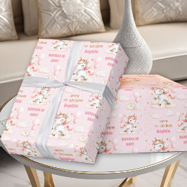 Papel De Presente Nome do primeiro aniversario de Garota Unicorna Co
