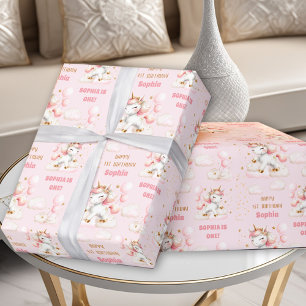 Papel De Presente Nome do primeiro aniversario de Garota Unicorna Co