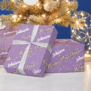 Papel De Presente Nome do Script do Ouro do feliz ano novo Lavanda r
