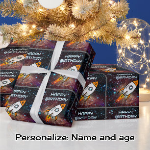 Papel De Presente Nome e idade personalizados do foguete laranja de