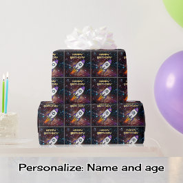 Papel De Presente Nome e idade personalizados do foguete roxo de ani