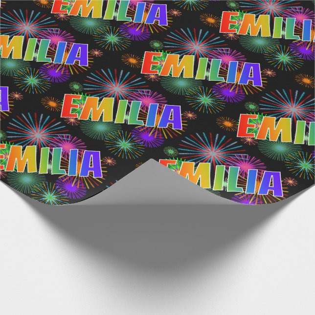 Papel De Presente Nome "EMILIA" em Arco-Íris + Fogos de Artifício (Ponta)