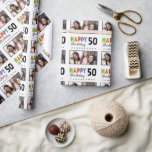 Papel De Presente Nome Foto 50th Birthday<br><div class="desc">Um rolo de papel de embrulho que diz "Parabéns" em tipografia usando sans serif letters para a HAPPY e um roteiro para o aniversário fará um presente de excelente. Personalize o nome e a idade de um papel de empacotamento que você pode personalizar para qualquer um.</div>