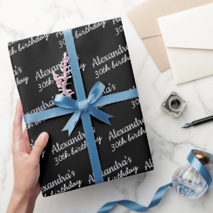 Papel De Presente Nome Idade Preto Cinza Chic Aniversário