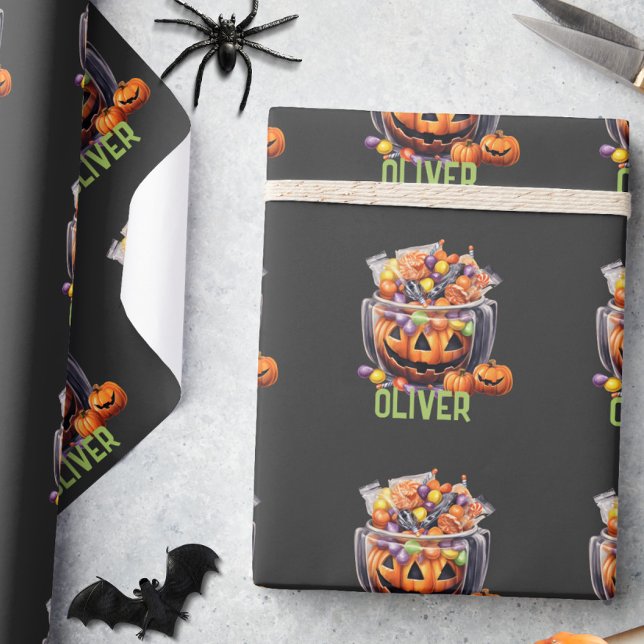 Papel De Presente Nome Laranja Roxo Abóbora Halloween Doces (Criador carregado)
