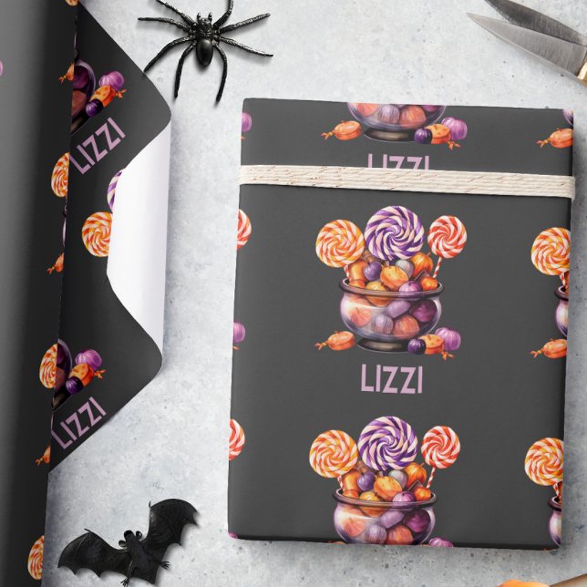 Papel De Presente Nome Laranja Roxo Truque ou Tratamento Fofo Hallow (Criador carregado)