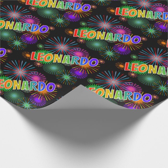 Papel De Presente Nome "LEONARDO" em Arco-Íris + Fogos de Artifício (Ponta)