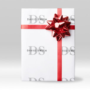 Papel De Presente Nome Moderno & Monograma   Branco Preto & Cinza