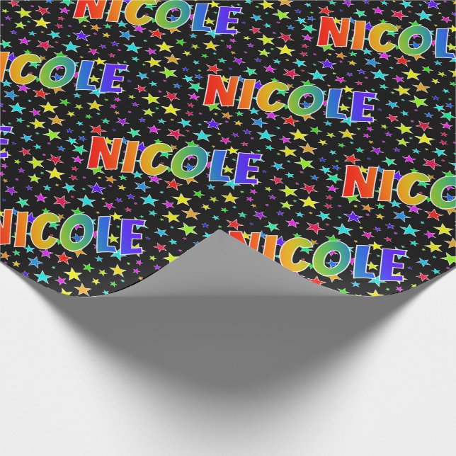 Papel De Presente Nome "NICOLE" em Arco-Íris + Estrelas (Ponta)