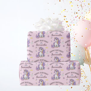 Papel De Presente Nome Personalizado Bolo de Aniversário de Unicórni