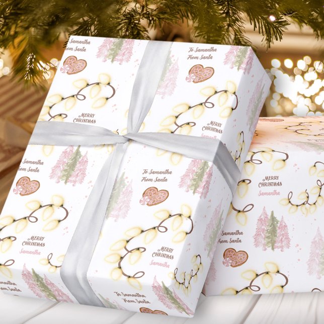 Papel De Presente Nome Personalizado Branco Cor-de-Rosa Moderno das  (Christmas Lights Modern Pink White Custom Name Wrapping Paper)